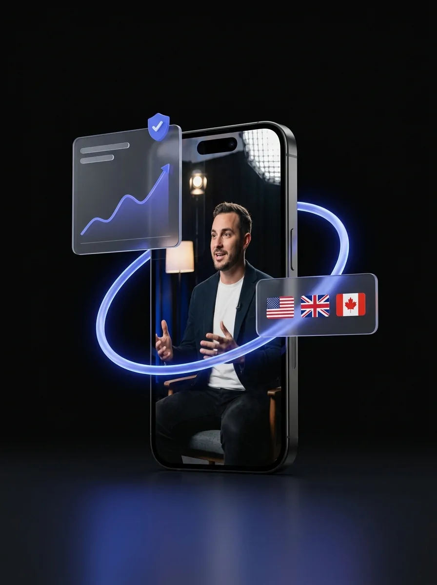 High-production vertical video clip on a smartphone with verified growth metrics and tier-1 audience targeting