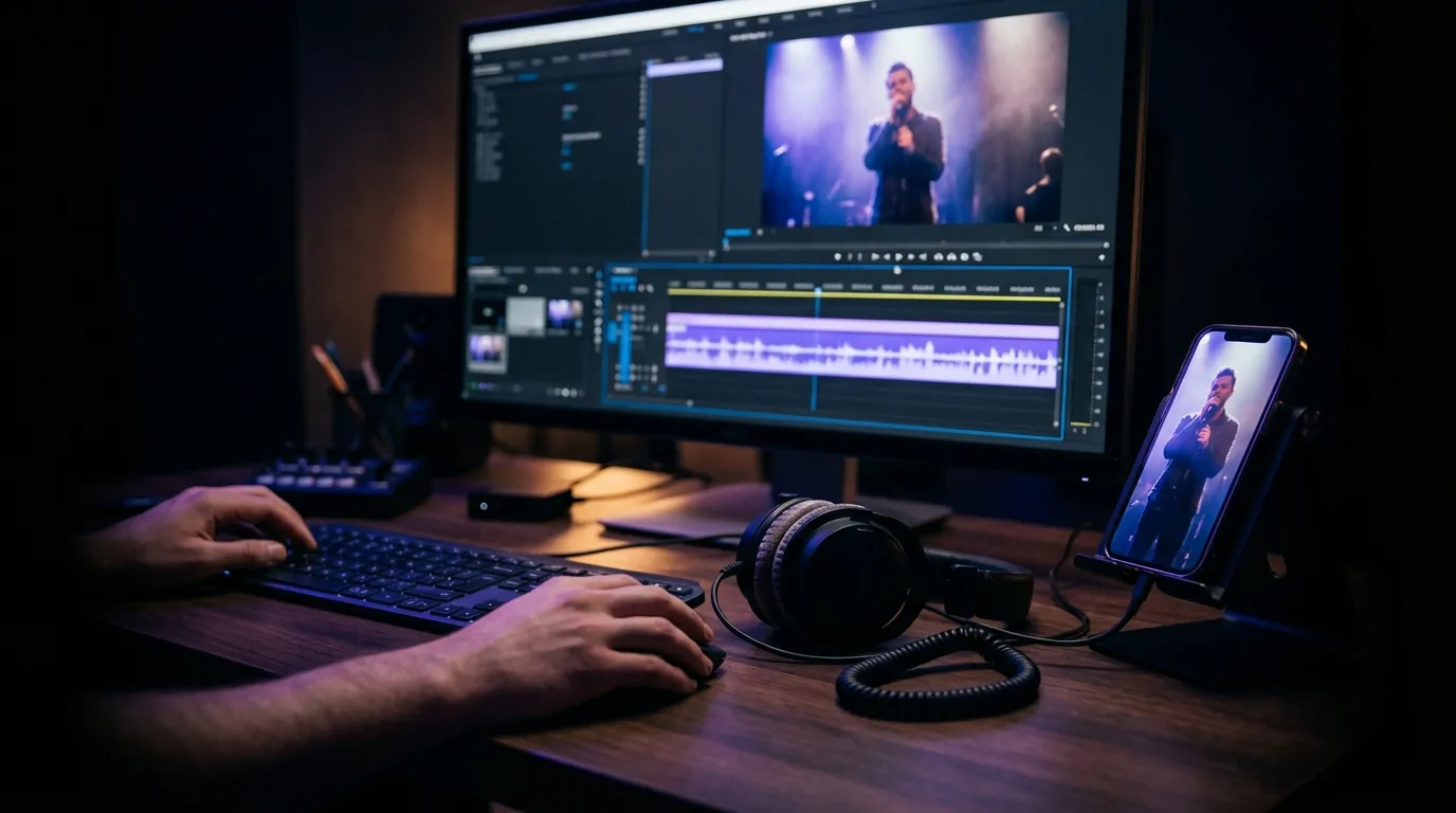 Editor syncing performance footage to a song's waveform for a vertical clip