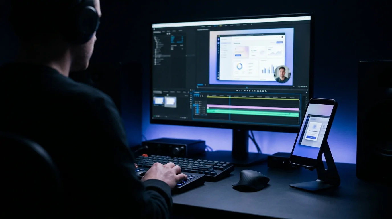 Editor cutting a product demo recording into a short vertical clip