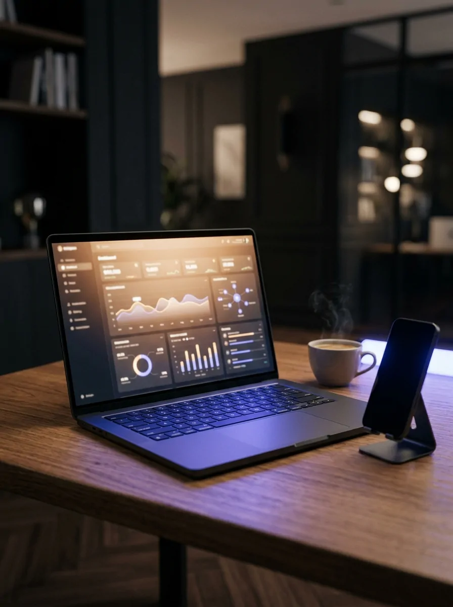 Modern laptop open on wooden desk showing product metrics and dashboard with blurple lighting