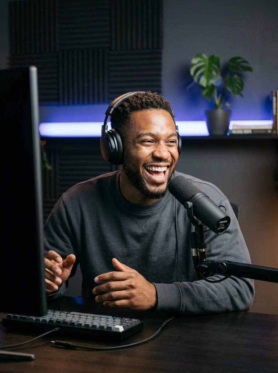 Streamer reacting live at a desk with a microphone and camera